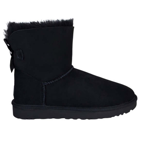 UGG Mini Bailey Bow Water Resistant Suede Fur Winter Ankle Boots Black - Picture 8 of 12